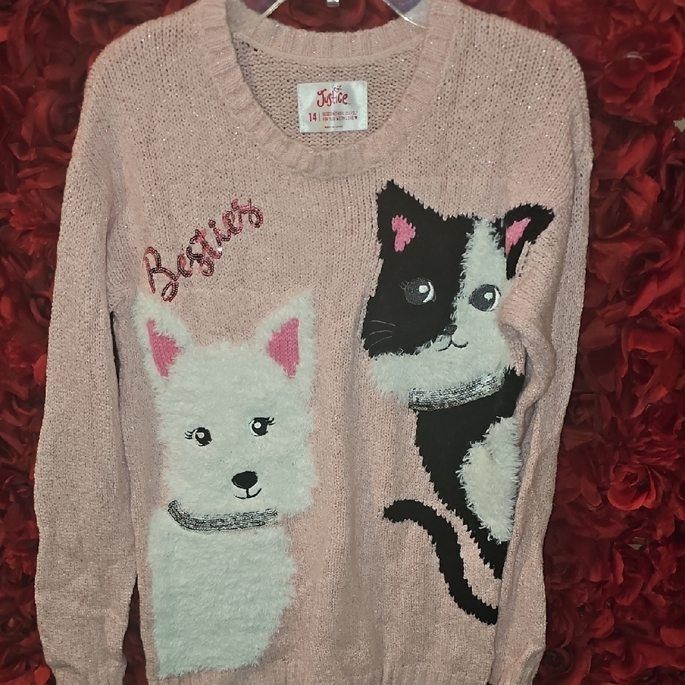 Justice Girls Pink Glitter Sweater with Cat Besties Design Size 14 LIKE NEW